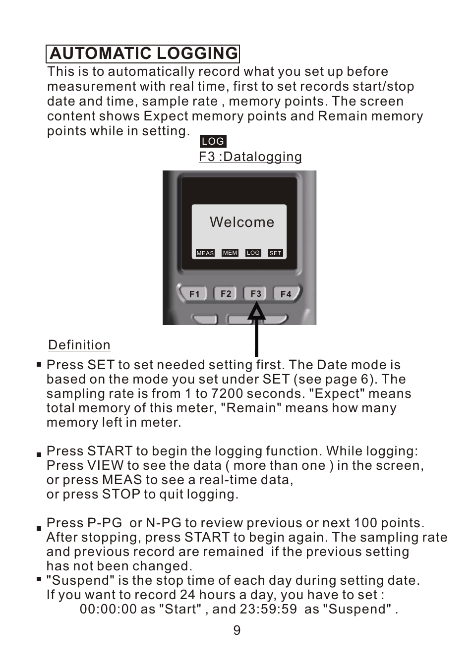 Logging, Automatic logging, Welcome | Definition, F3 :datalogging | Dwyer 9671 User Manual | Page 11 / 19