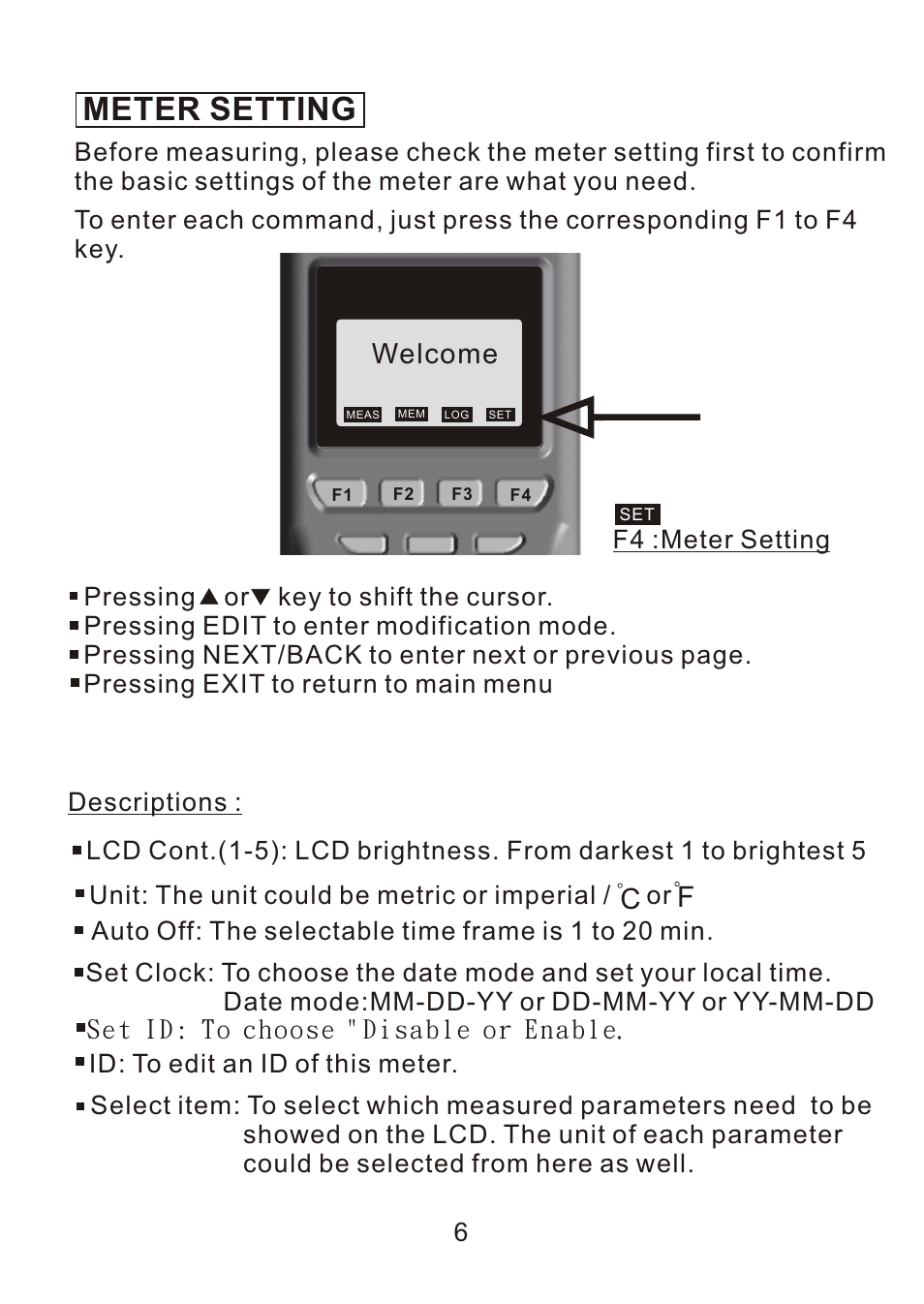 Setting, Meter setting, Welcome | Descriptions, F4 :meter setting 6 | Dwyer 9671 User Manual | Page 8 / 19