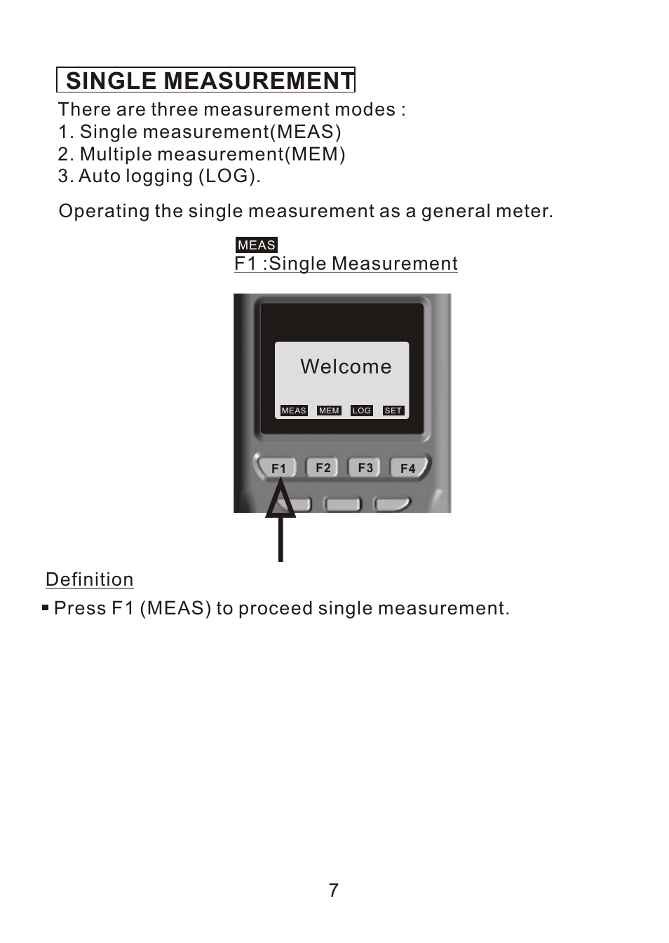 Single, Single measurement, Welcome | Definition, F1 :single measurement, Press f1 (meas) to proceed single measurement | Dwyer 9671 User Manual | Page 9 / 19