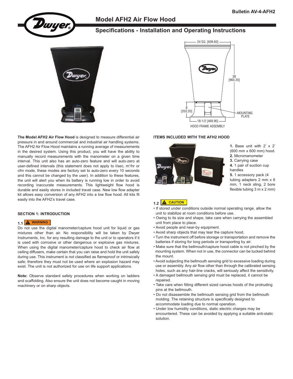 Model afh2 air flow hood | Dwyer AFH2 User Manual | Page 2 / 16