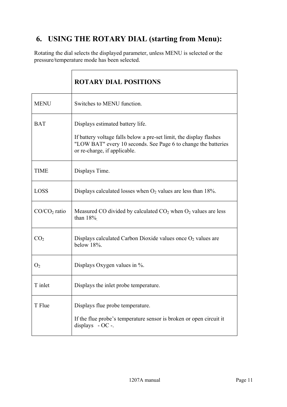 Using the rotary dial (starting from menu), Rotary dial positions | Dwyer 1207A User Manual | Page 11 / 32