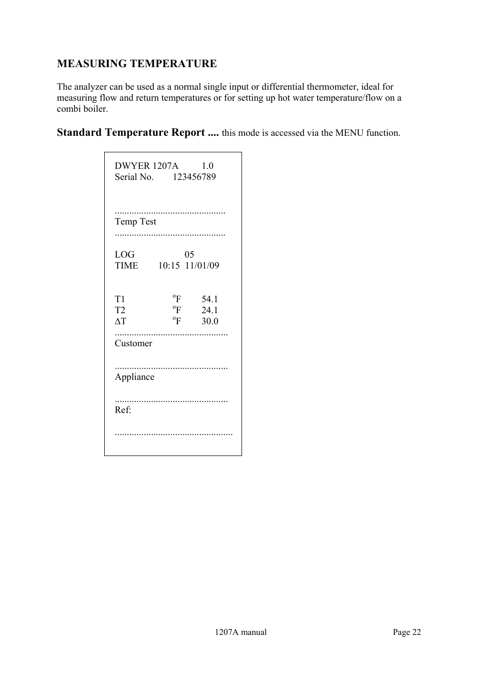 Measuring temperature, Standard temperature report | Dwyer 1207A User Manual | Page 22 / 32