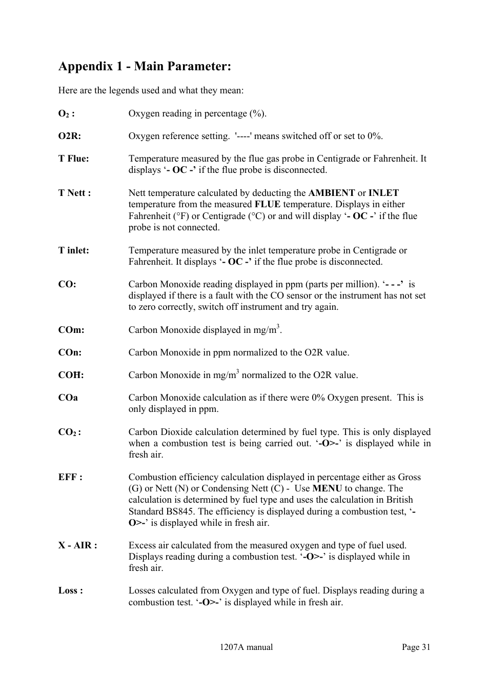 Appendix 1 - main parameter | Dwyer 1207A User Manual | Page 31 / 32