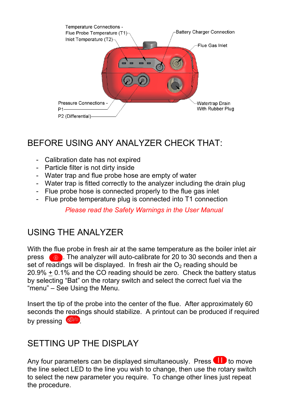 Before using any analyzer check that, Using the analyzer, Setting up the display | Dwyer 1207A User Manual | Page 2 / 4