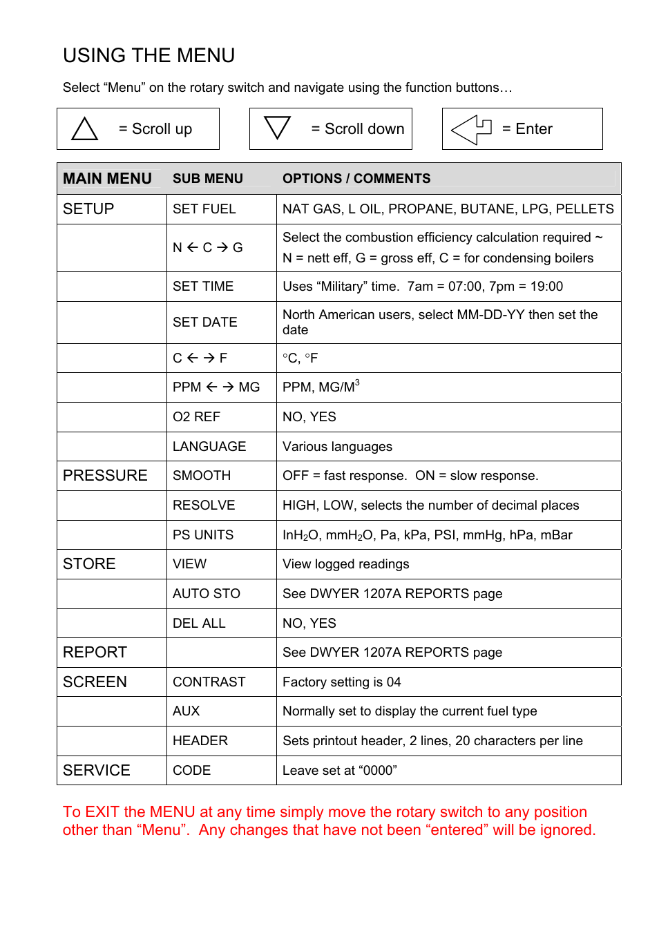 Using the menu | Dwyer 1207A User Manual | Page 3 / 4