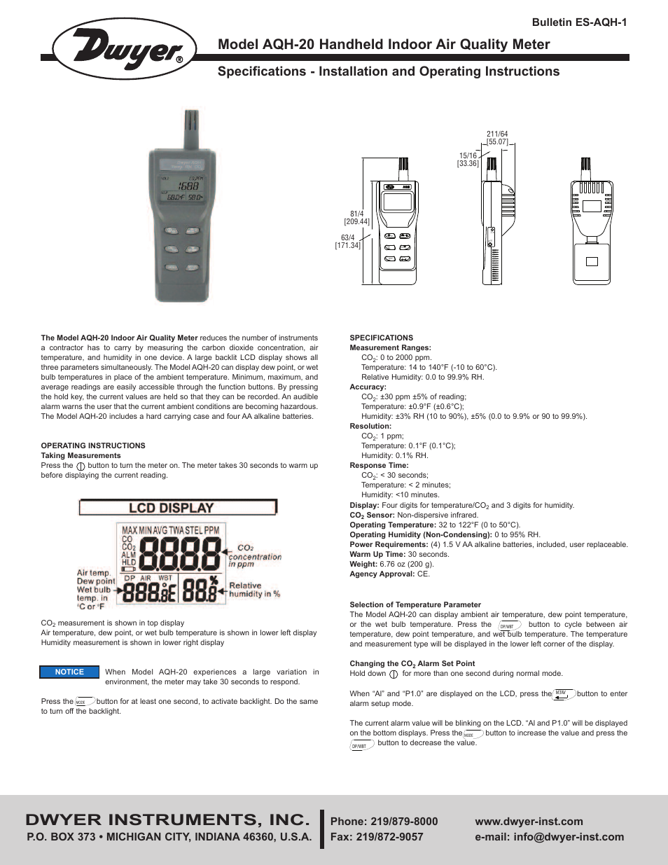 Dwyer AQH-20 User Manual | 2 pages