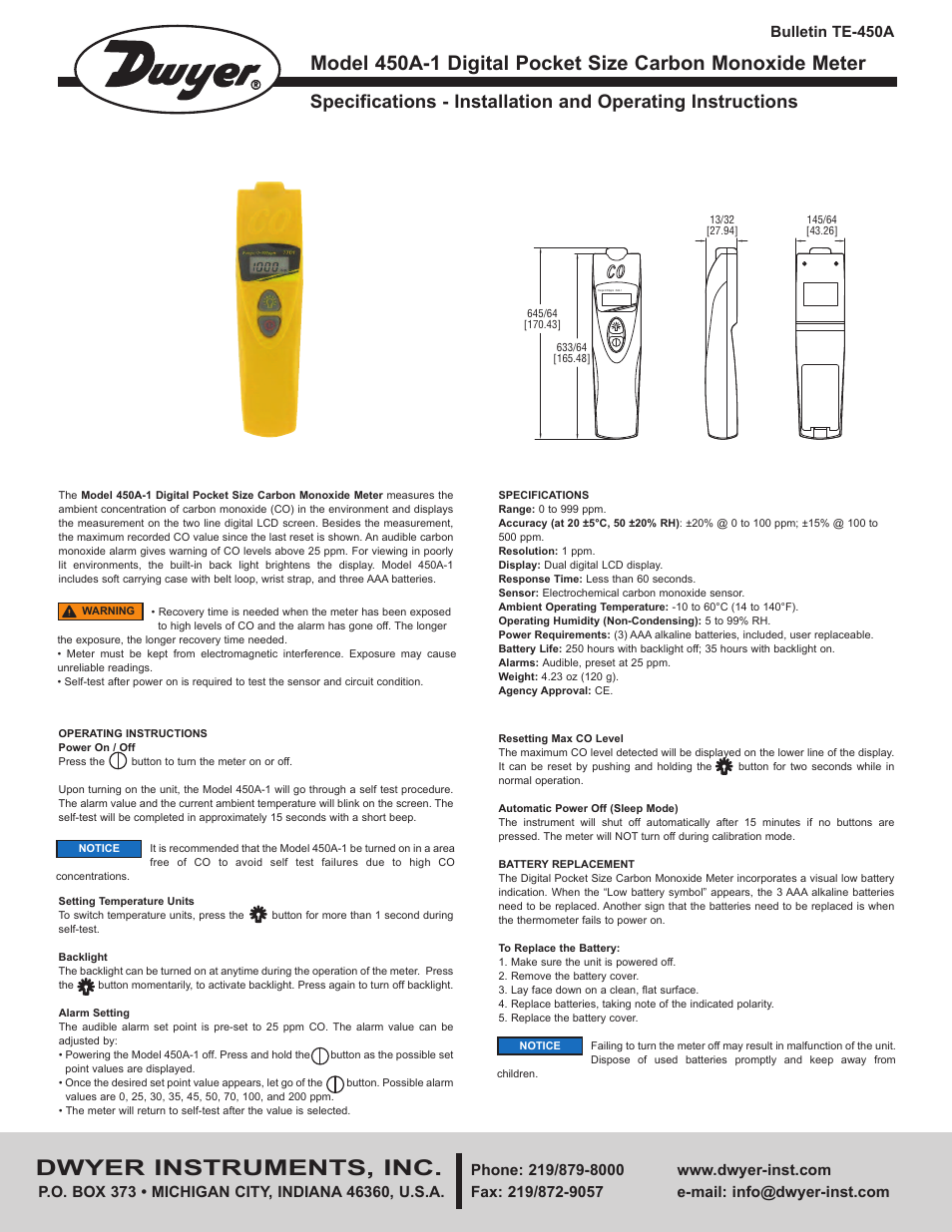 Dwyer 450A-1 User Manual | 2 pages