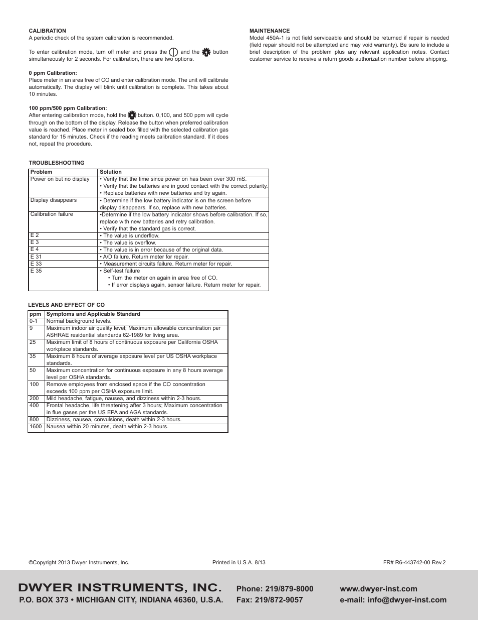 Dwyer instruments, inc | Dwyer 450A-1 User Manual | Page 2 / 2