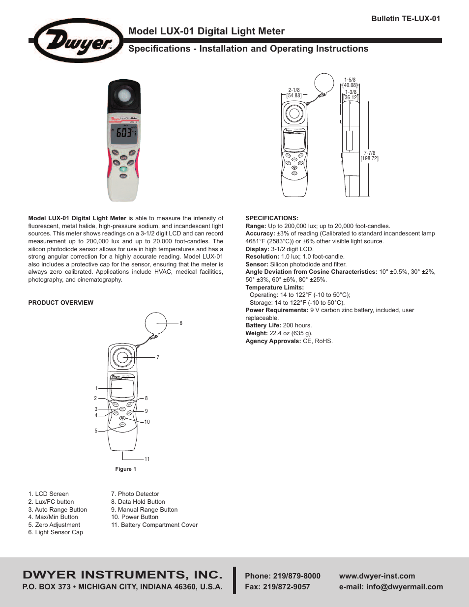 Dwyer LUX-01 User Manual | 2 pages