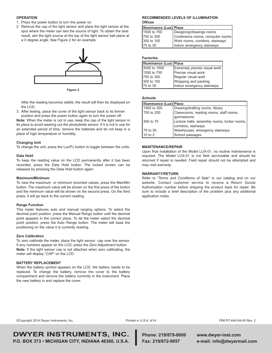 Dwyer instruments, inc | Dwyer LUX-01 User Manual | Page 2 / 2