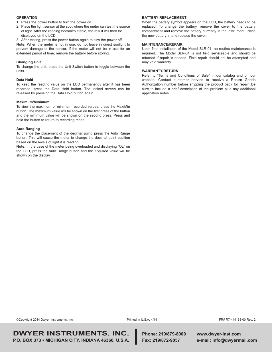 Dwyer instruments, inc | Dwyer SLR-01 User Manual | Page 2 / 2