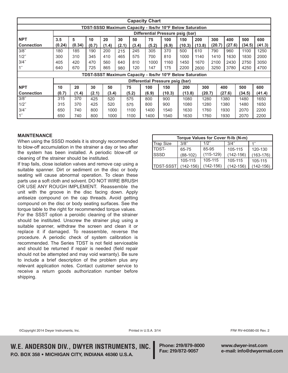 W.e. anderson div., dwyer instruments, inc | Dwyer TDST User Manual | Page 2 / 2