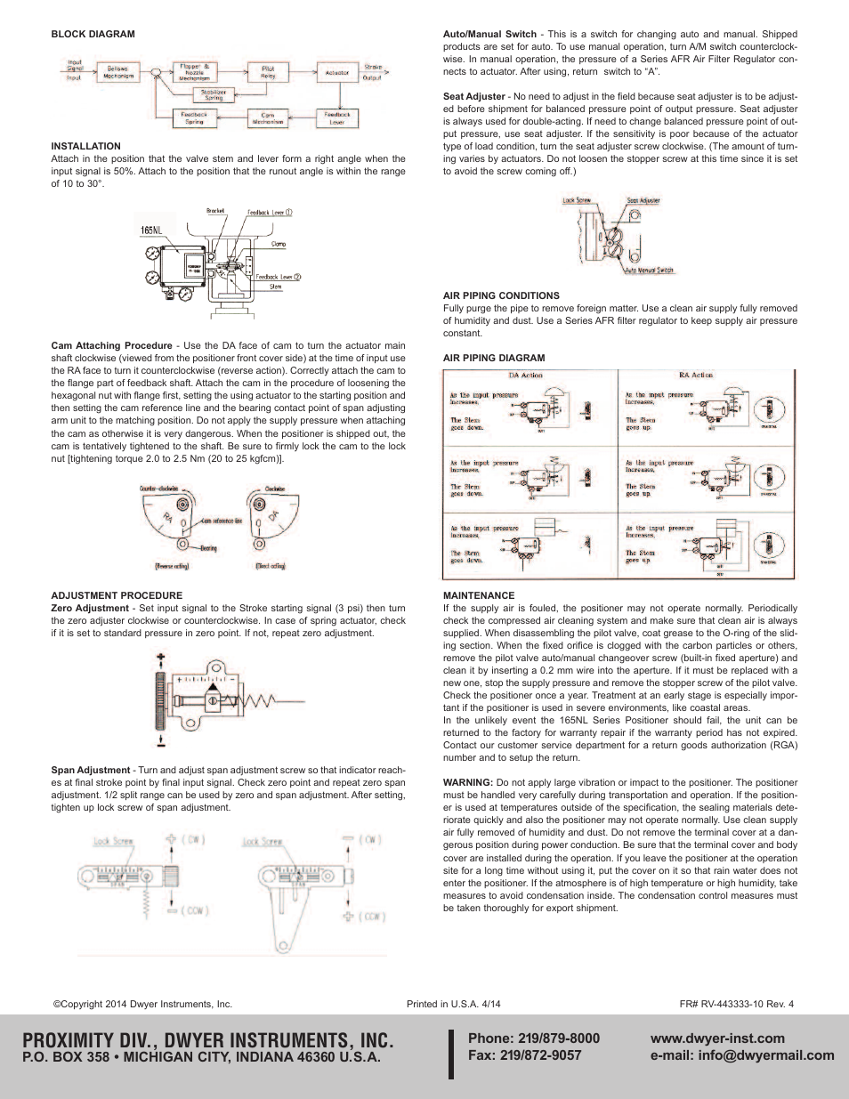 Proximity div., dwyer instruments, inc | Dwyer 165NL User Manual | Page 2 / 2