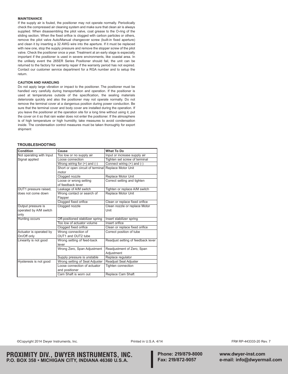 Proximity div., dwyer instruments, inc | Dwyer 265ER User Manual | Page 4 / 4