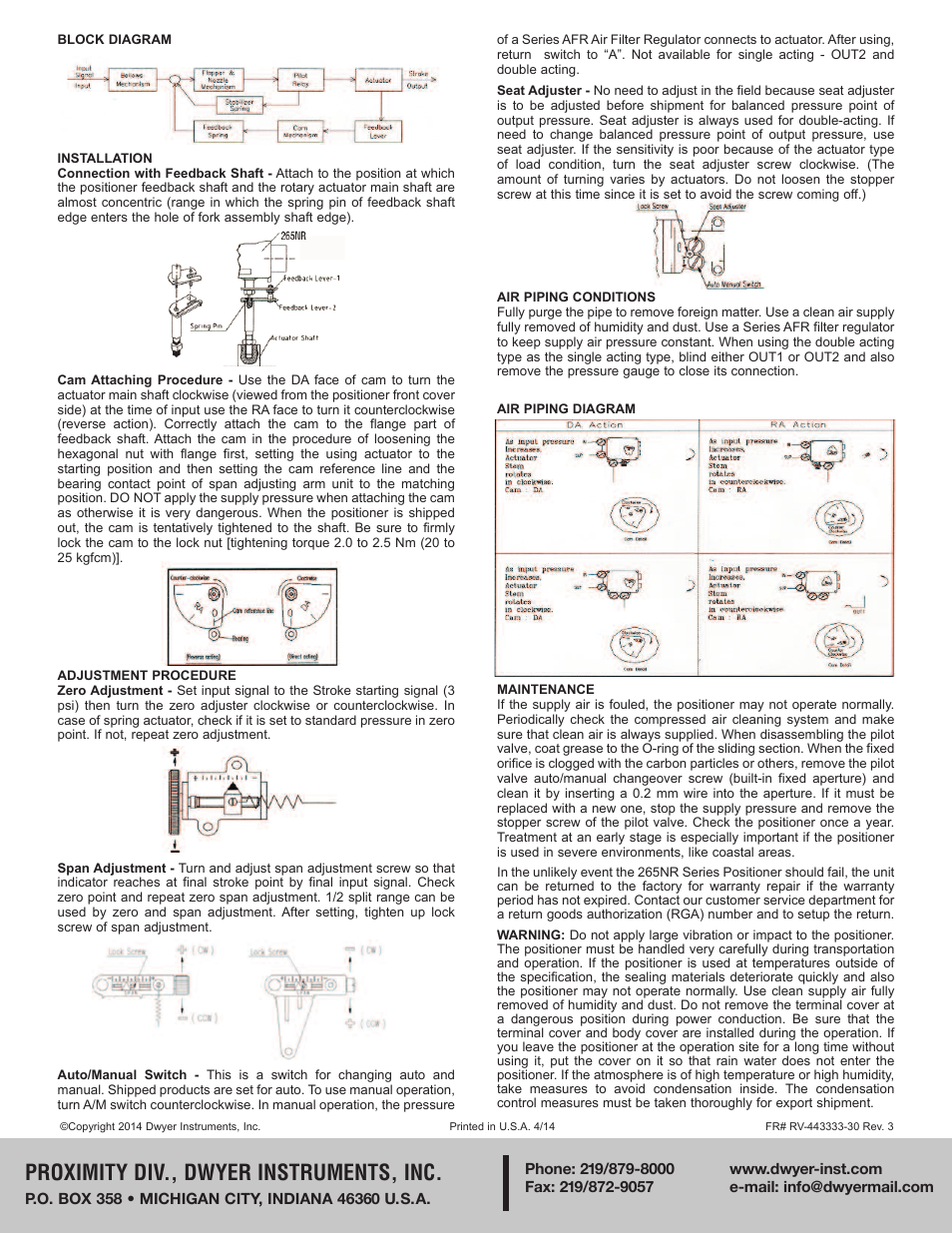 Proximity div., dwyer instruments, inc | Dwyer 265NR User Manual | Page 2 / 2