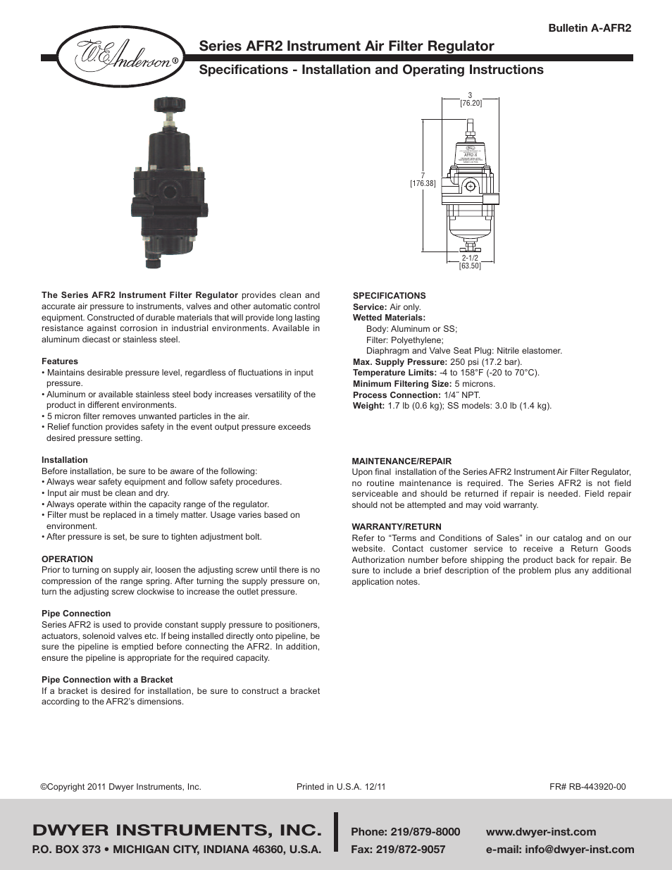 Dwyer AFR2 User Manual | 1 page