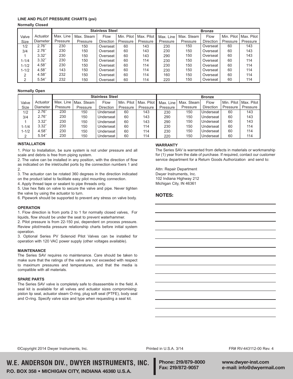 W.e. anderson div., dwyer instruments, inc | Dwyer SAV-ST User Manual | Page 2 / 2