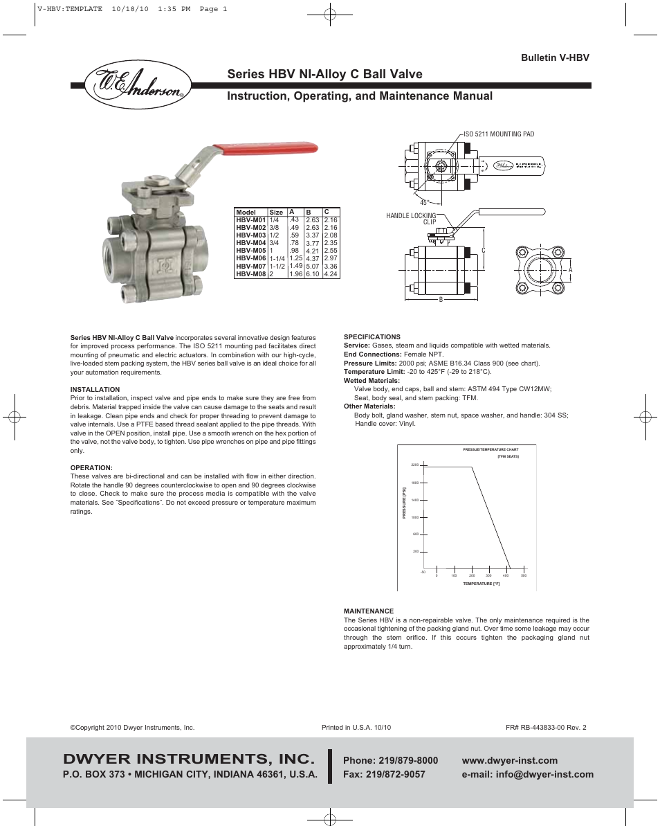 Dwyer HBV User Manual | 1 page