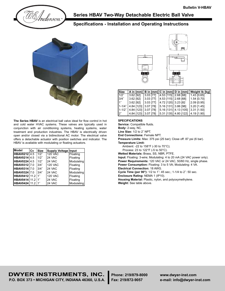 Dwyer HBAV User Manual | 2 pages