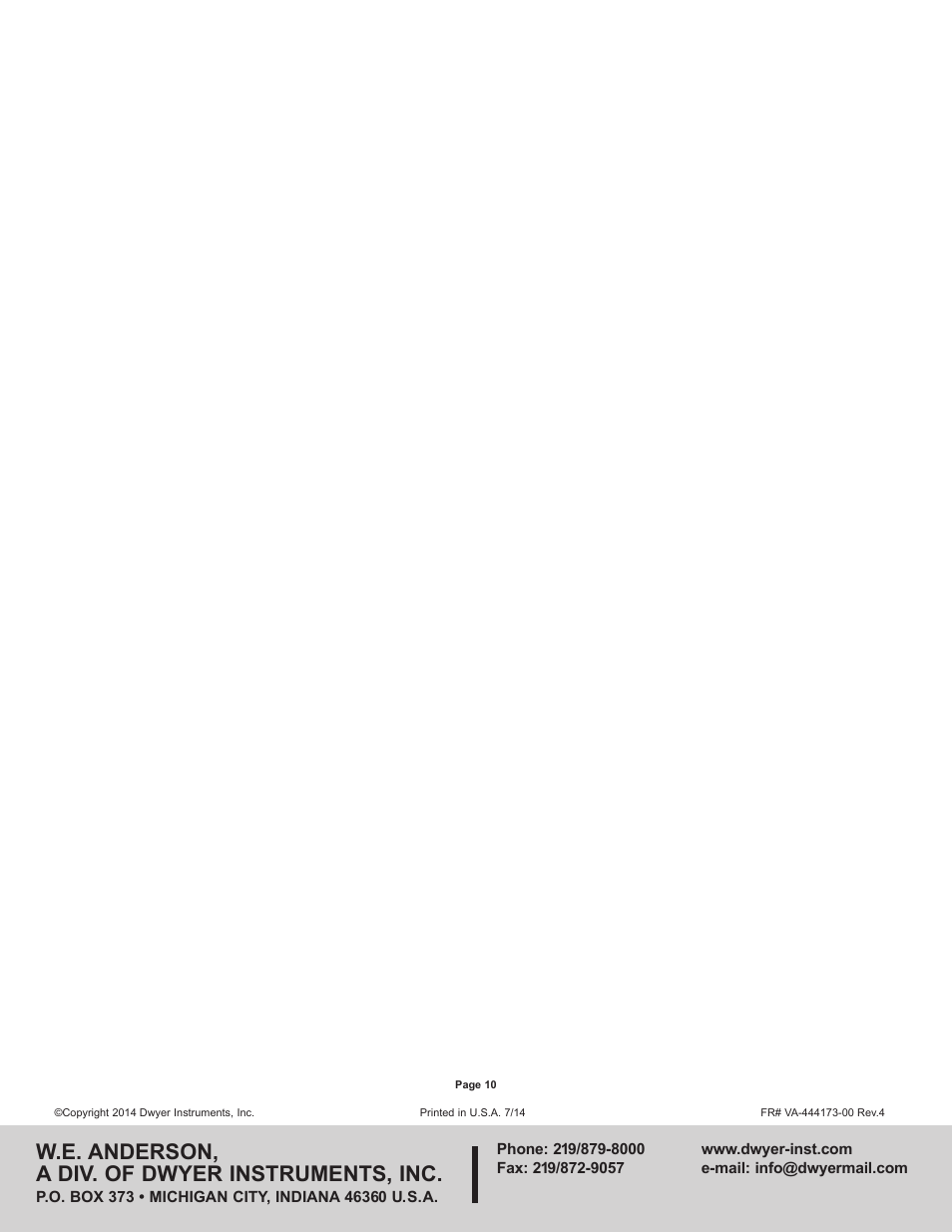 W.e. anderson, a div. of dwyer instruments, inc | Dwyer WE03 User Manual | Page 10 / 10