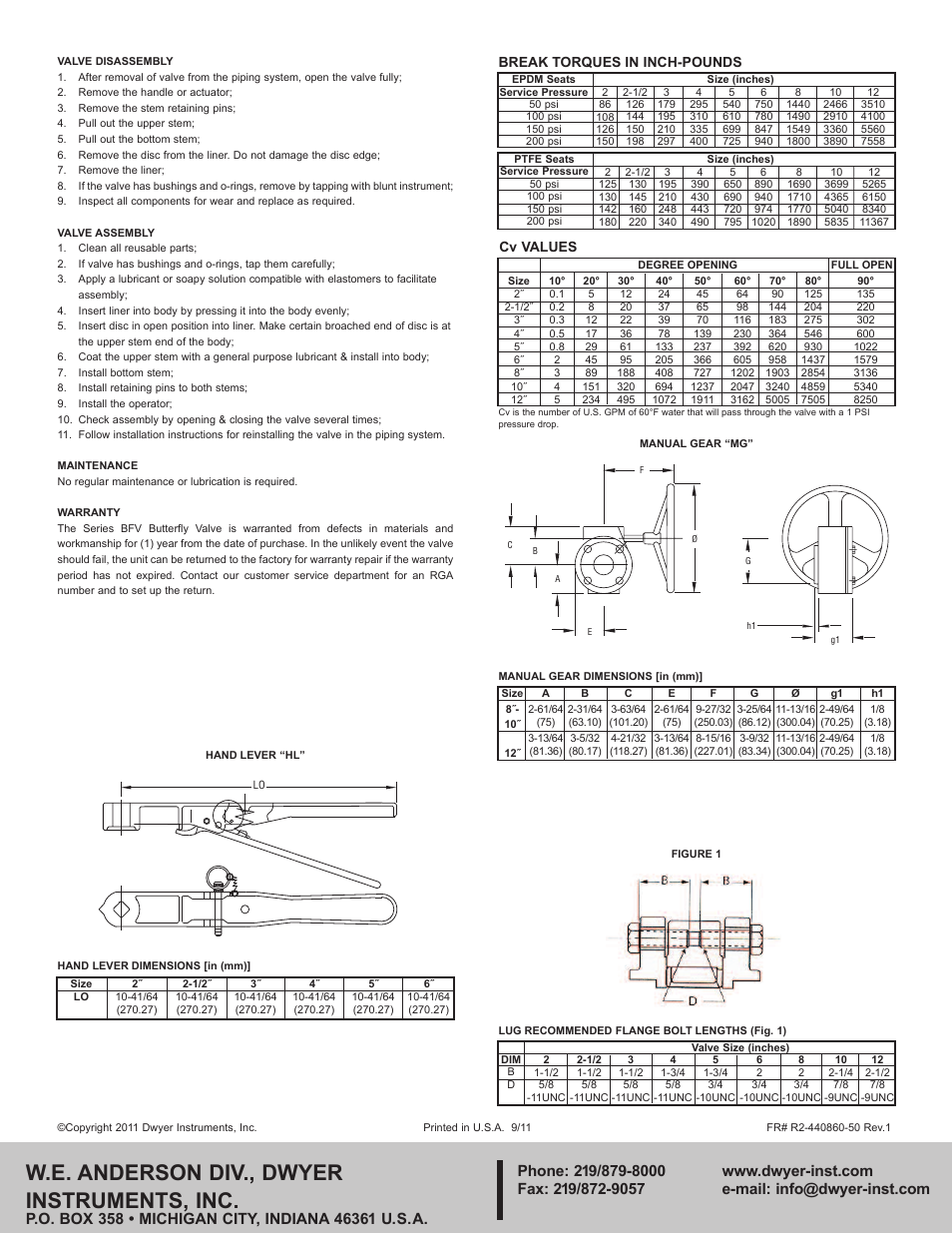 W.e. anderson div., dwyer instruments, inc, Cv values break torques in inch-pounds | Dwyer BFV User Manual | Page 2 / 2