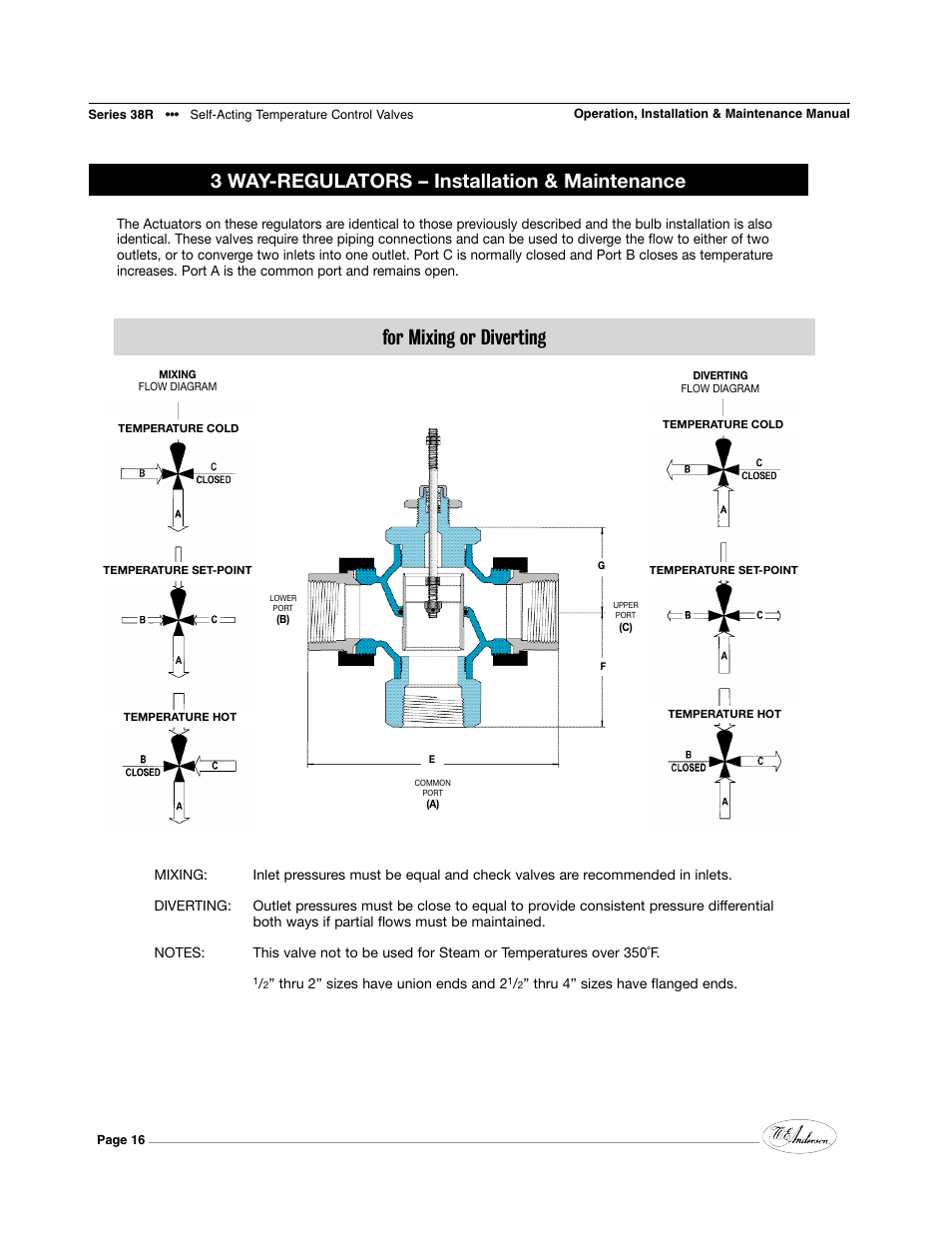 3 way-regulators – installation & maintenance, For mixing or diverting | Dwyer 38R User Manual | Page 16 / 24