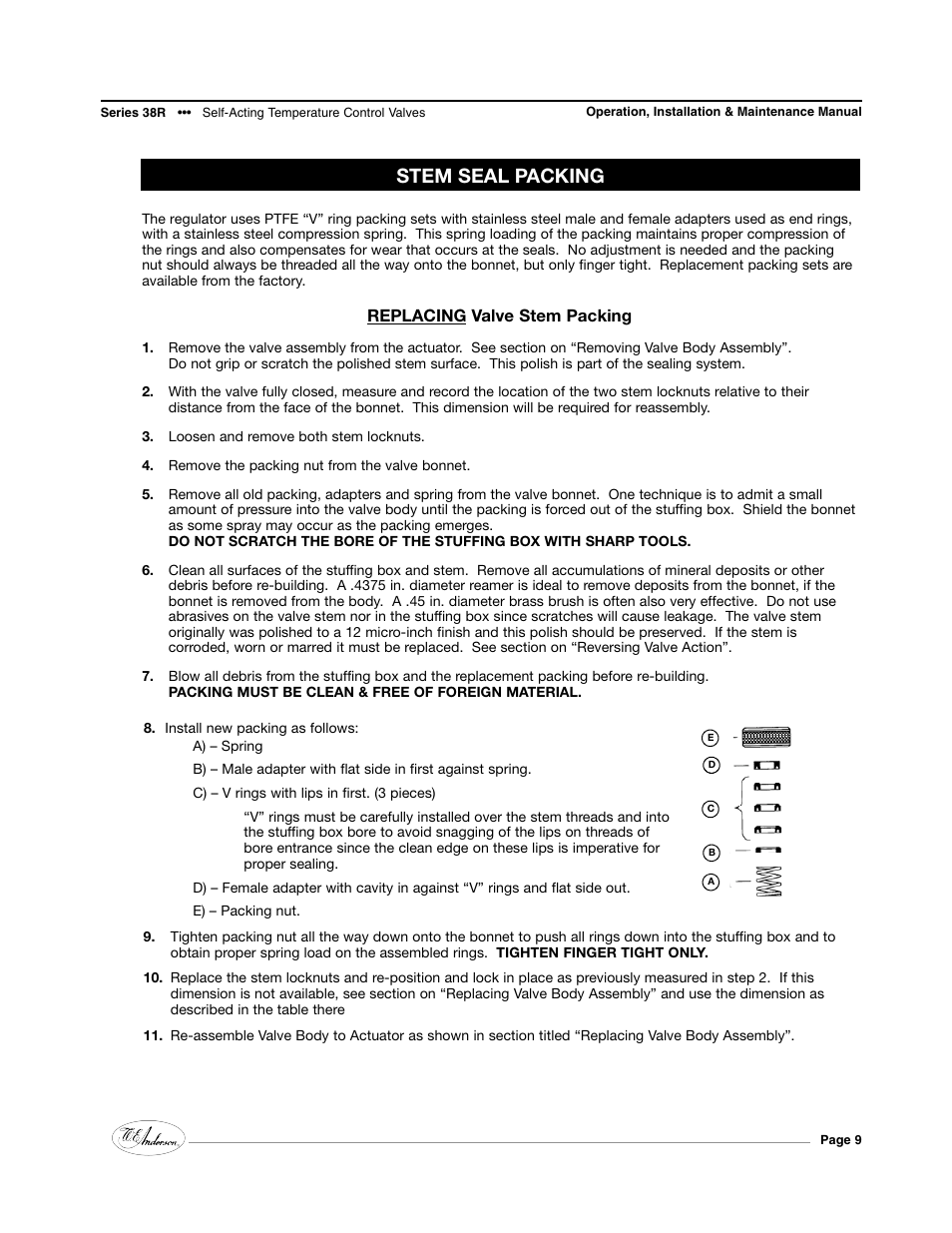 Stem seal packing, Replacing valve stem packing | Dwyer 38R User Manual | Page 9 / 24