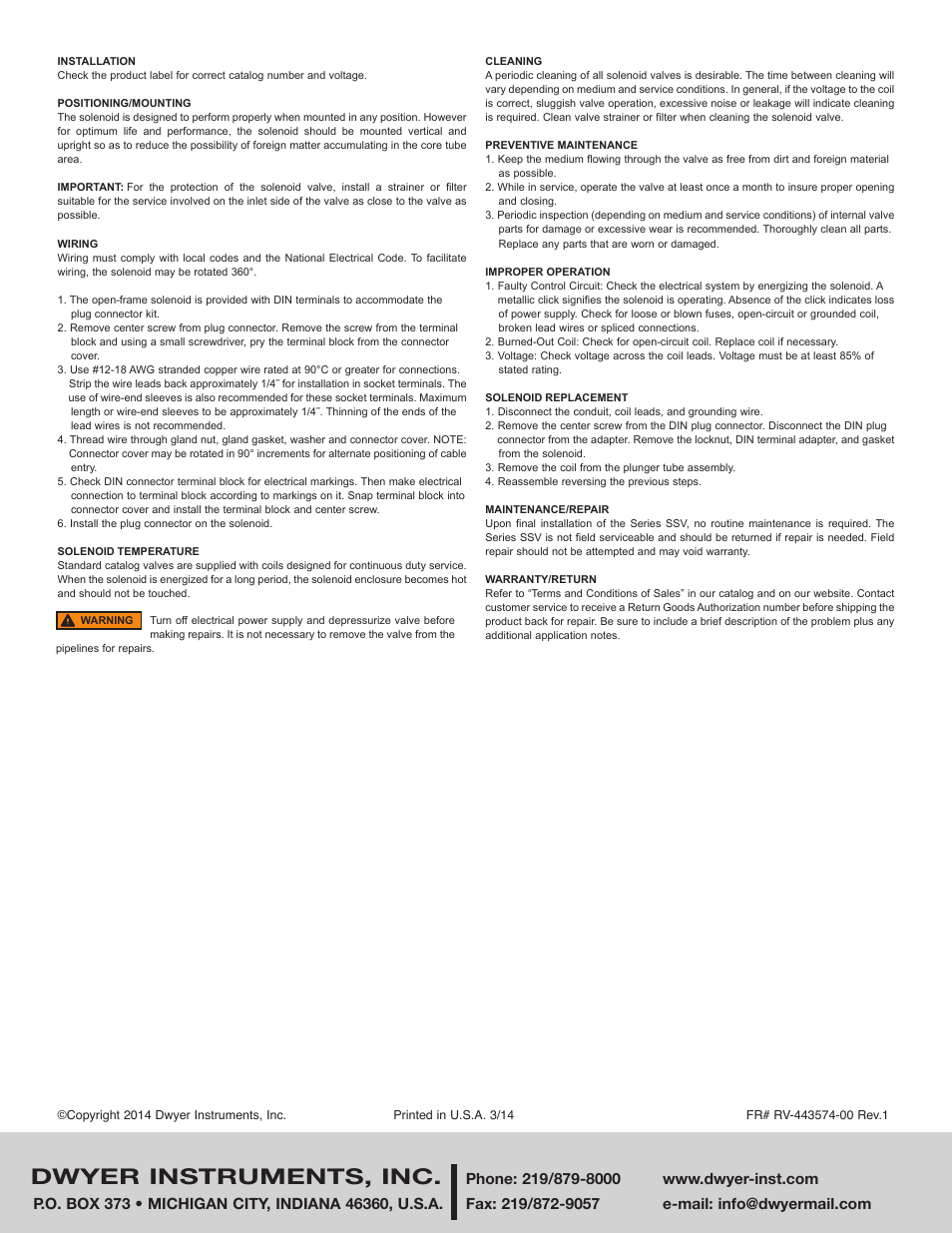 Dwyer instruments, inc | Dwyer SSV-S User Manual | Page 2 / 2