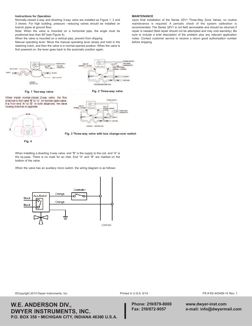 W.e. anderson div., dwyer instruments, inc | Dwyer 3ZV1 User Manual | Page 2 / 2