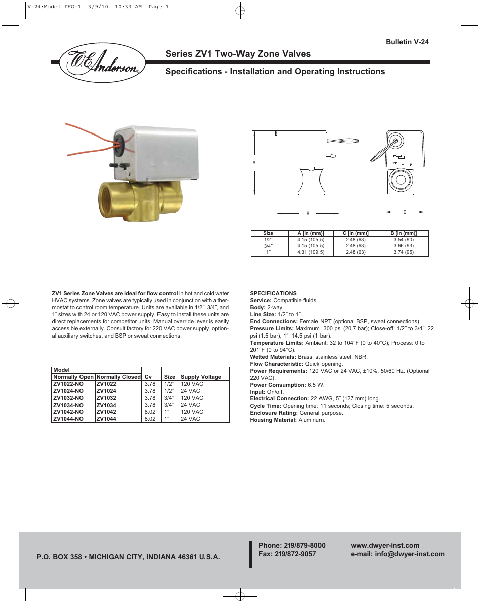 Dwyer ZV1 User Manual | 2 pages