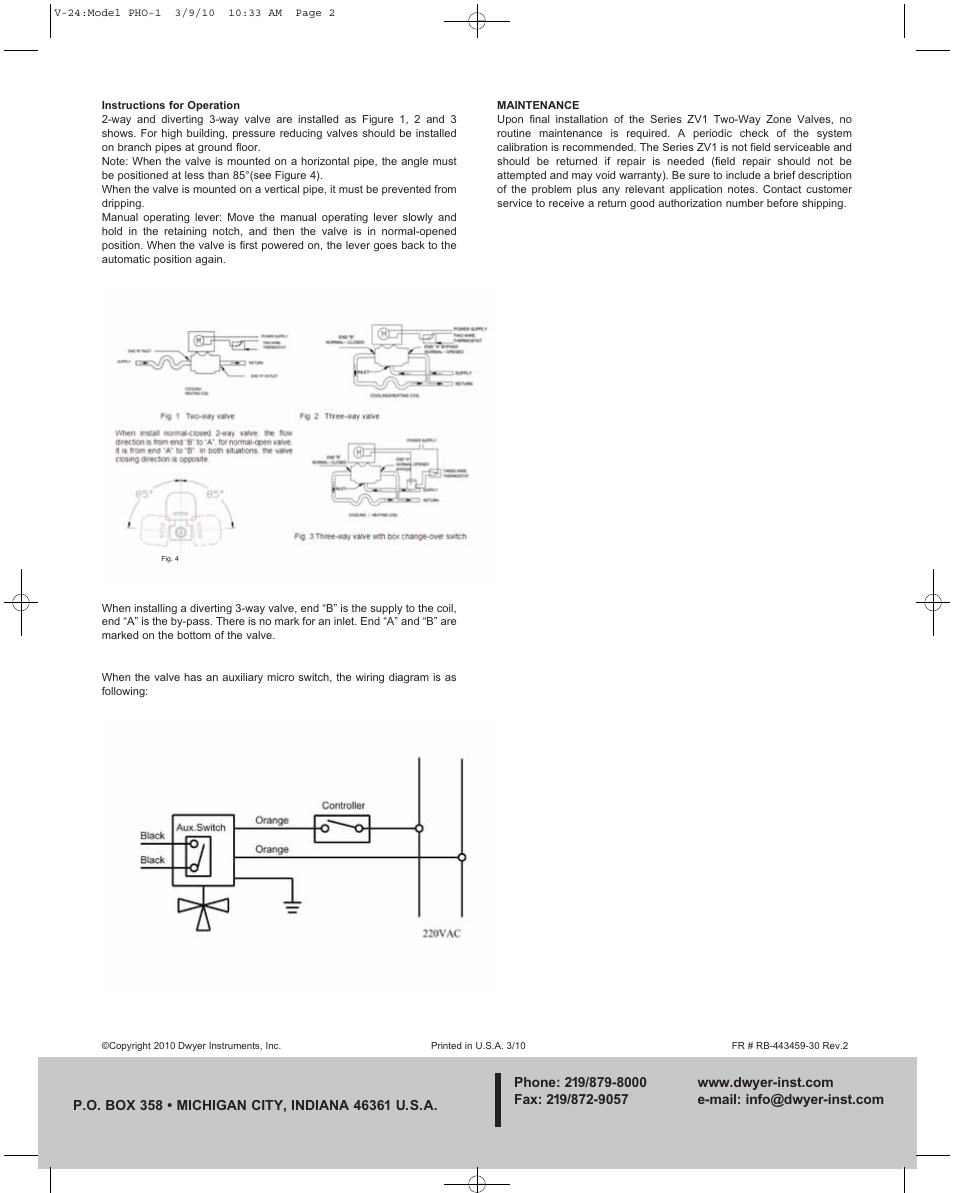 W.e. anderson div., dwyer instruments, inc | Dwyer ZV1 User Manual | Page 2 / 2