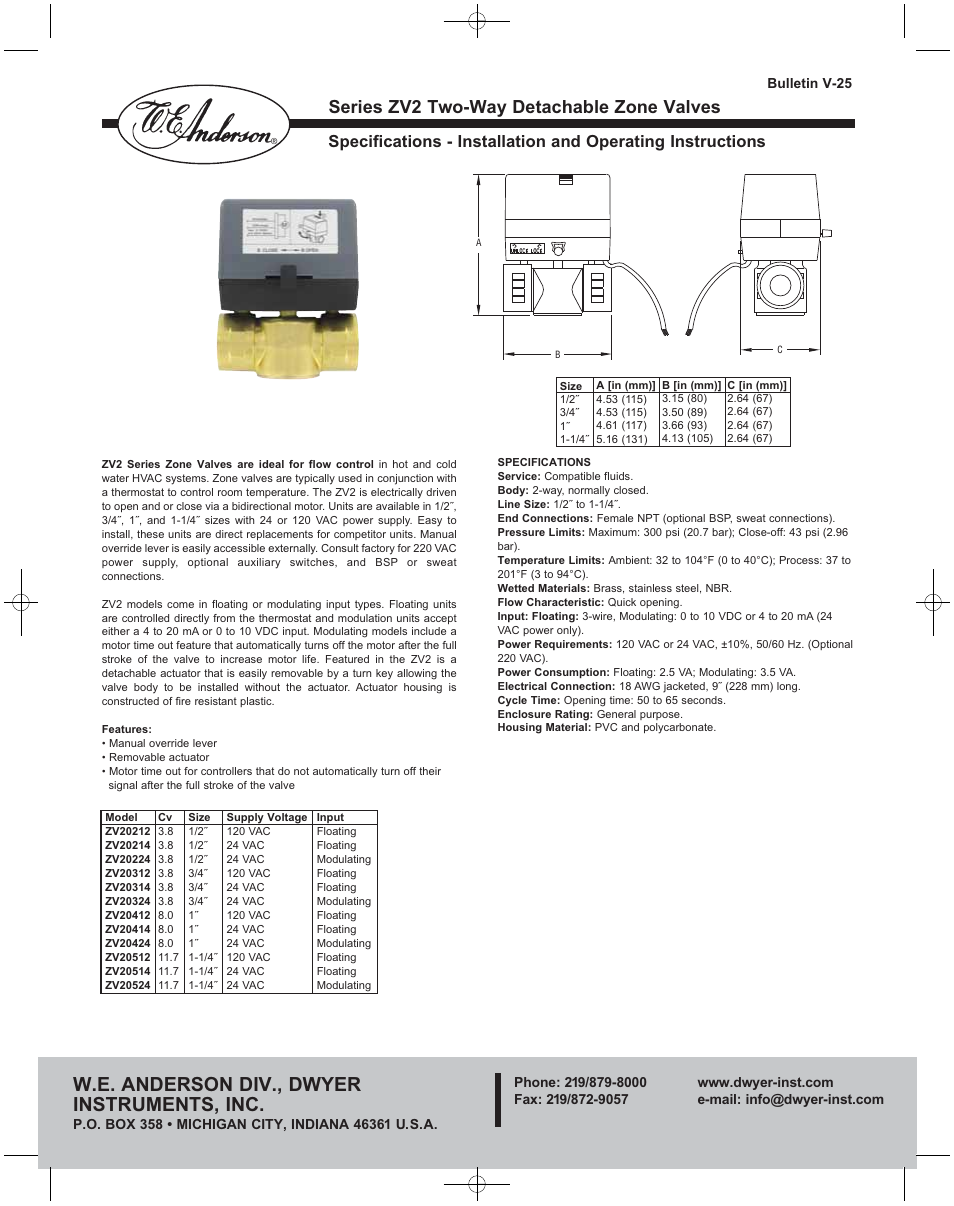 Dwyer ZV2 User Manual | 2 pages