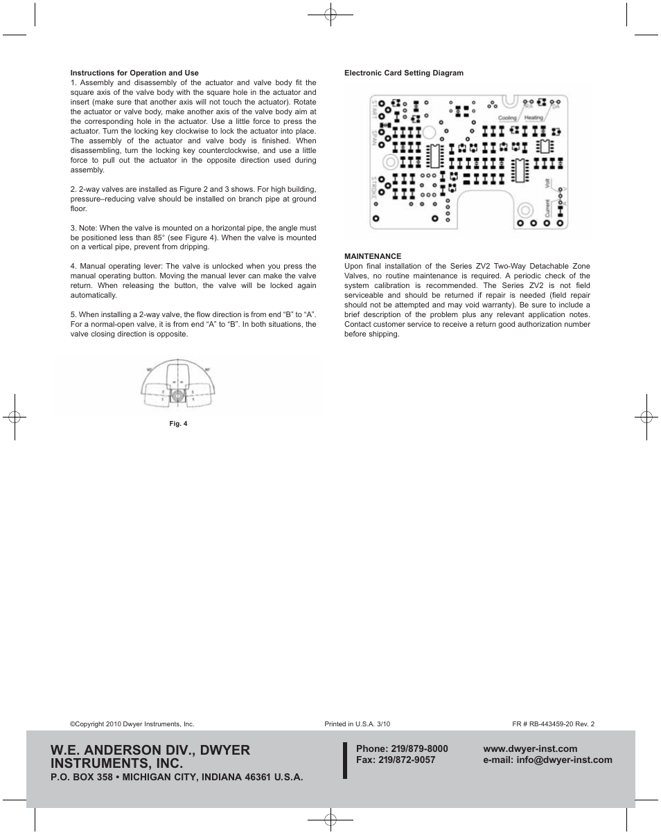 W.e. anderson div., dwyer instruments, inc | Dwyer ZV2 User Manual | Page 2 / 2