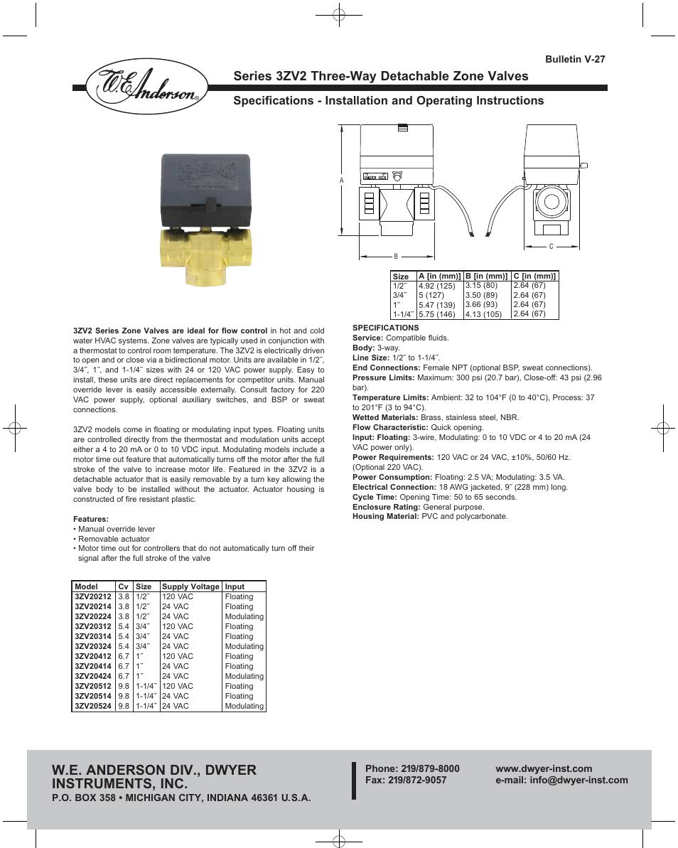 Dwyer 3ZV2 User Manual | 2 pages