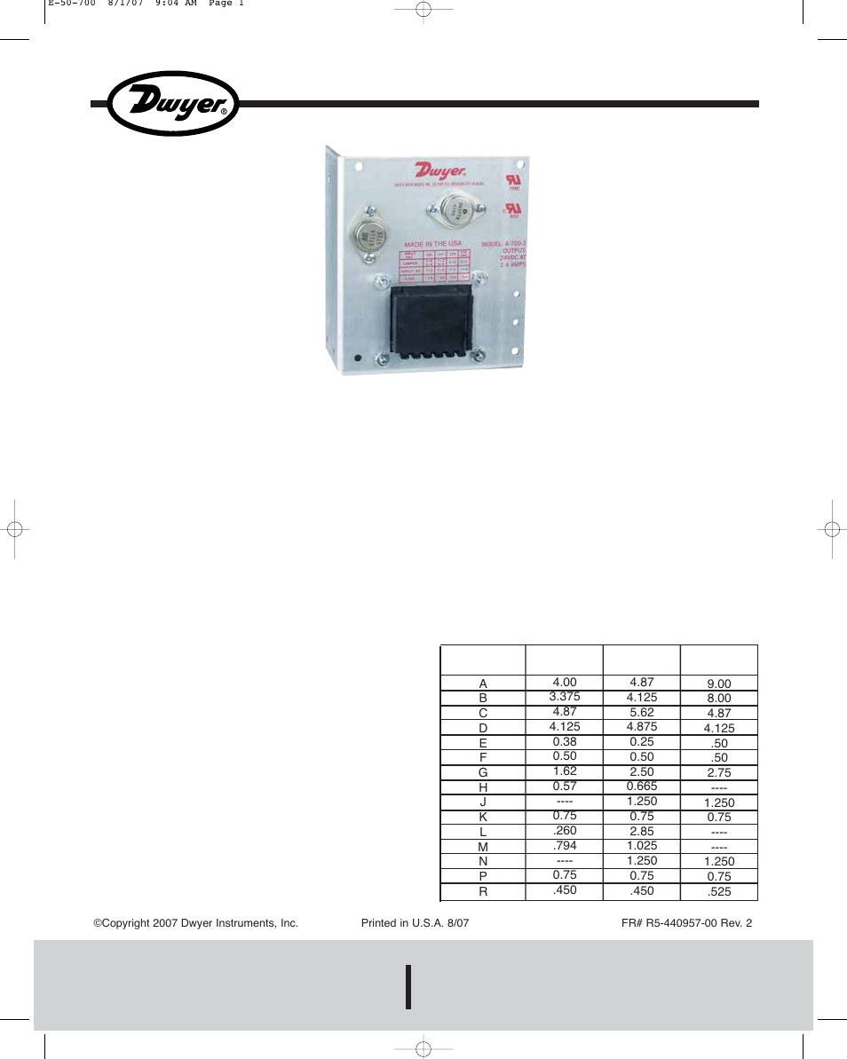 Dwyer A-700 User Manual | 1 page