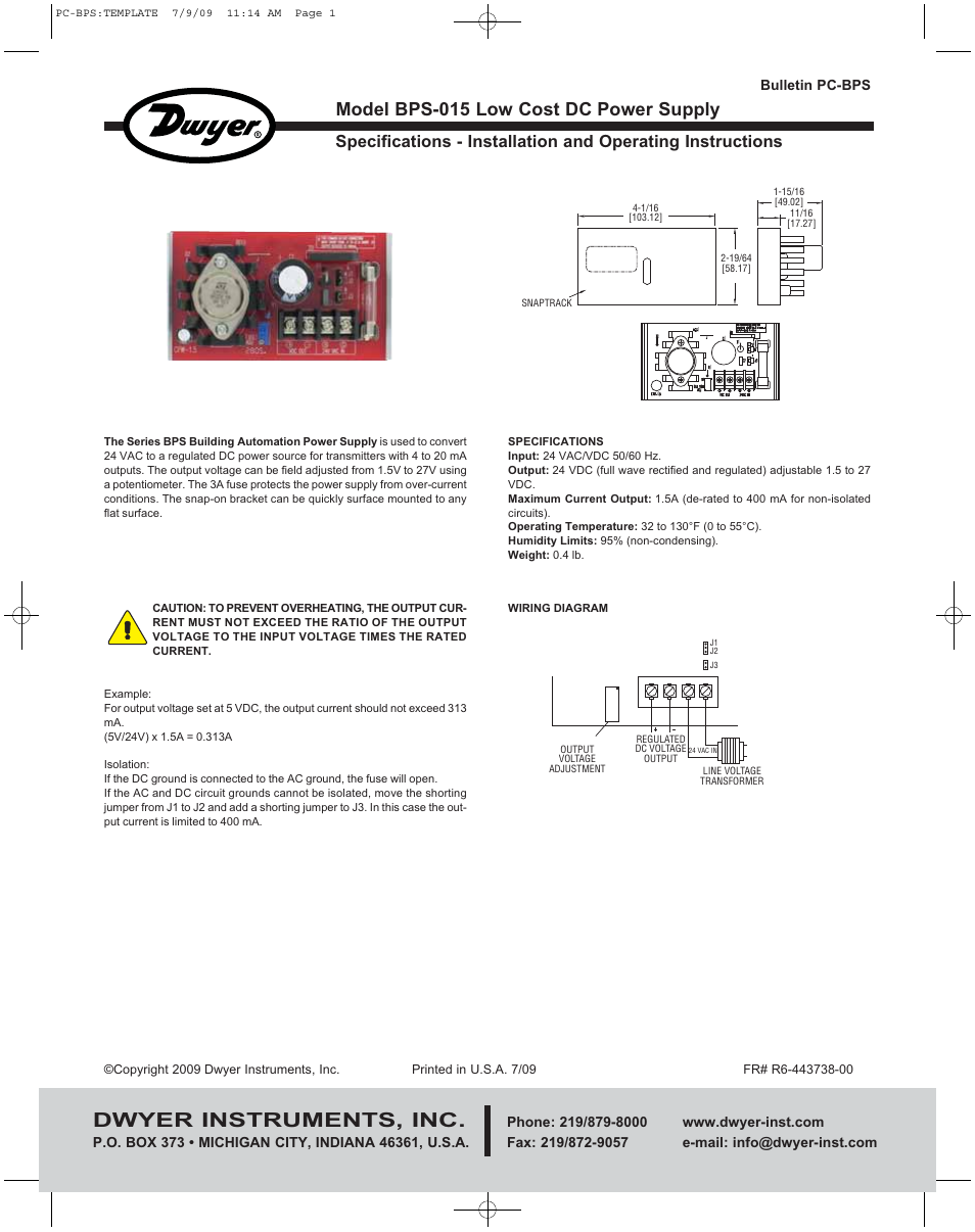 Dwyer BPS-015 User Manual | 1 page