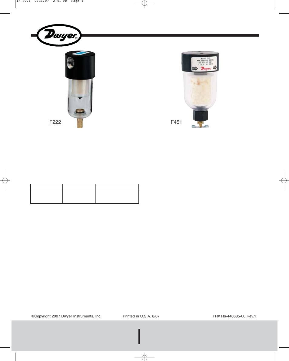 Dwyer F451 User Manual | 1 page