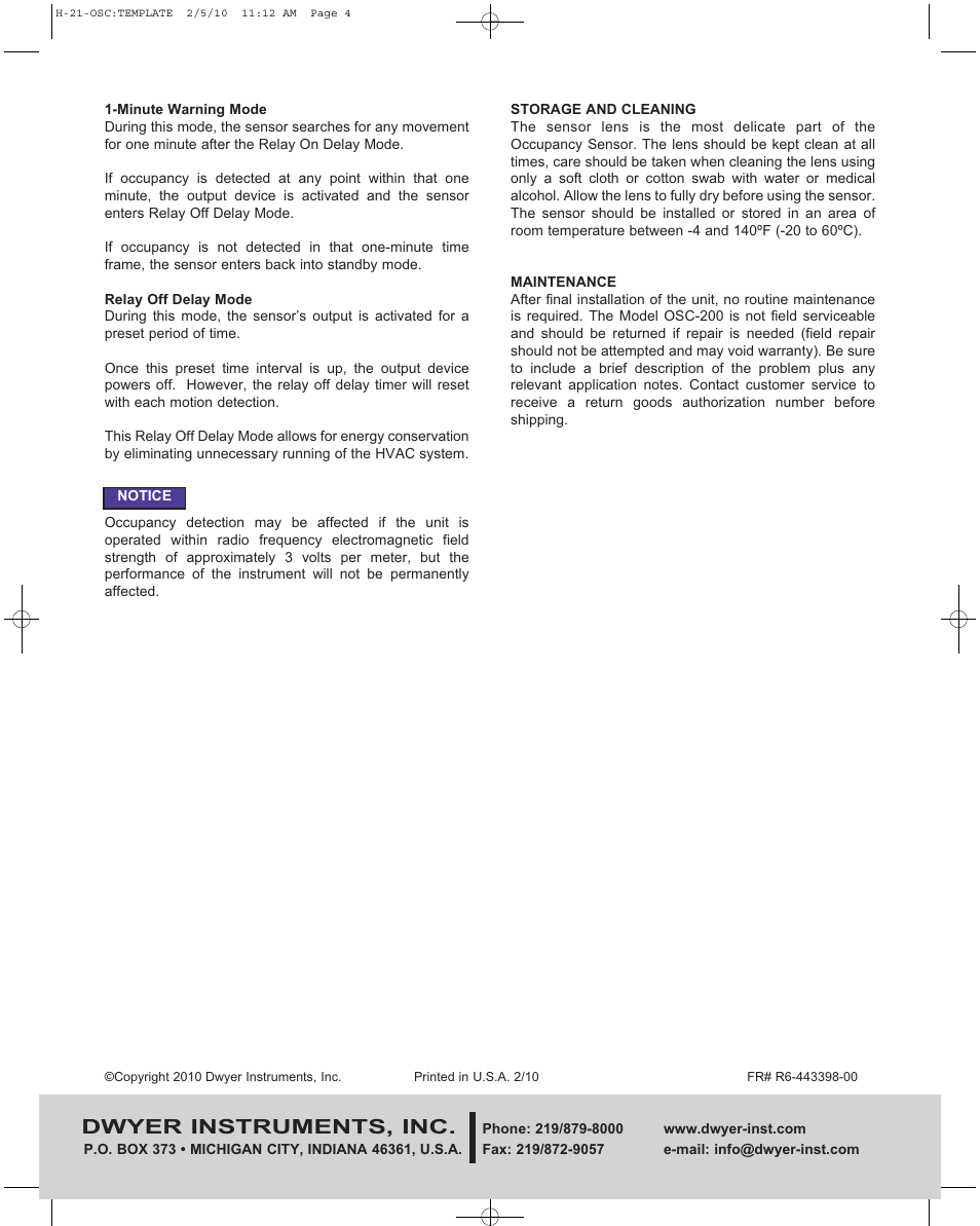 Dwyer instruments, inc | Dwyer OSC-200 User Manual | Page 4 / 4