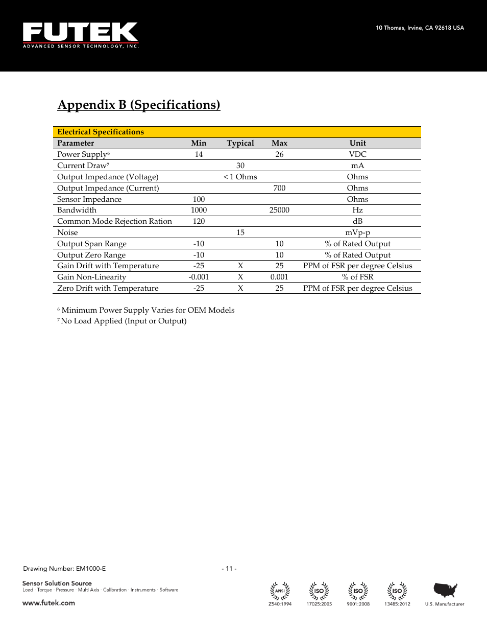 Appendix b (specifications) | FUTEK CSG110 (JM-2A / JM-2AD)-Series User Manual | Page 11 / 11
