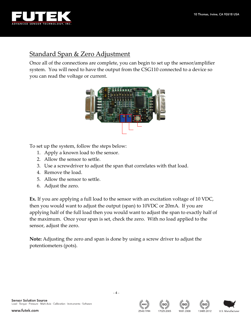 Standard span & zero adjustment | FUTEK CSG110 (JM-2A / JM-2AD)-Series User Manual | Page 4 / 11