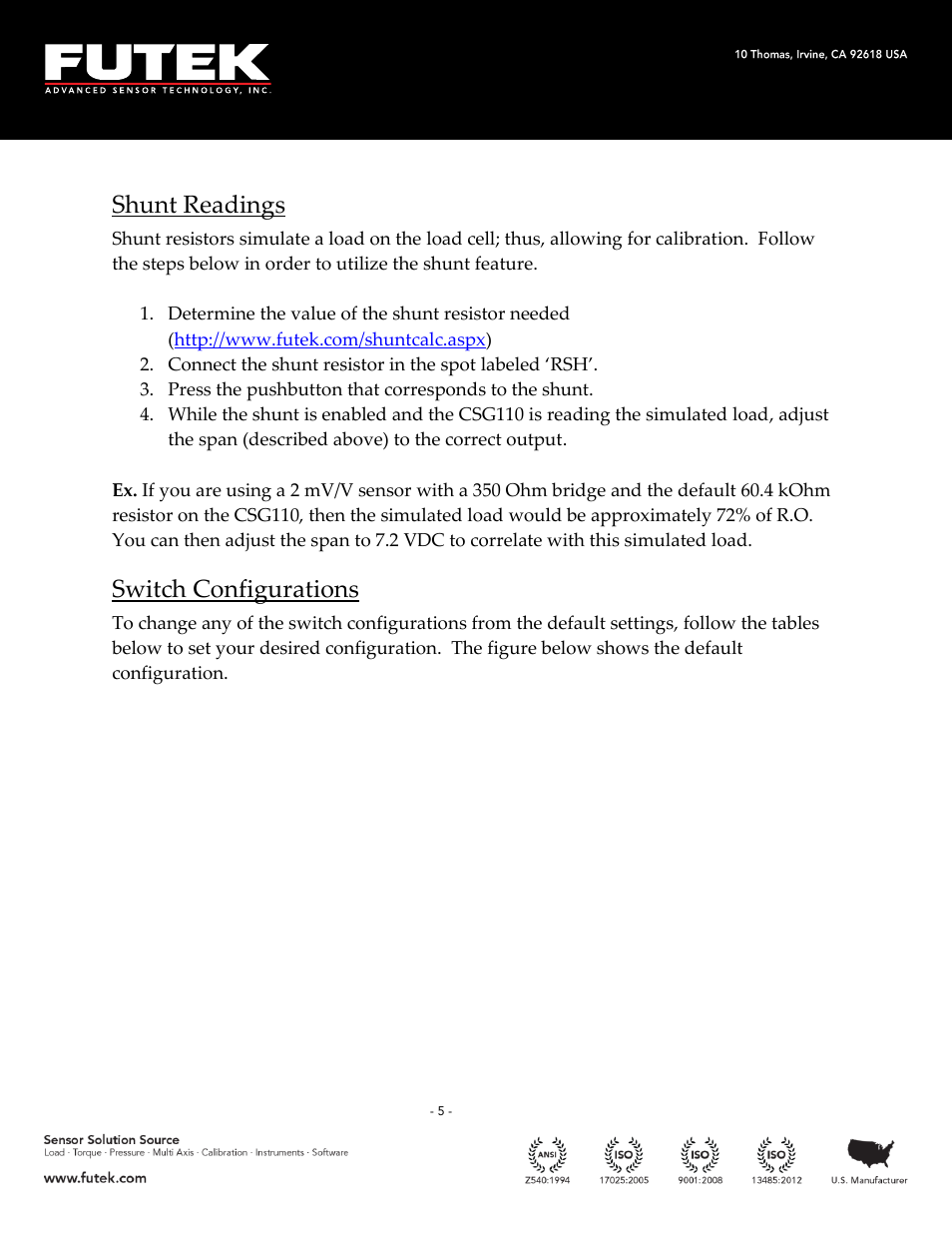 Shunt readings, Switch configurations | FUTEK CSG110 (JM-2A / JM-2AD)-Series User Manual | Page 5 / 11