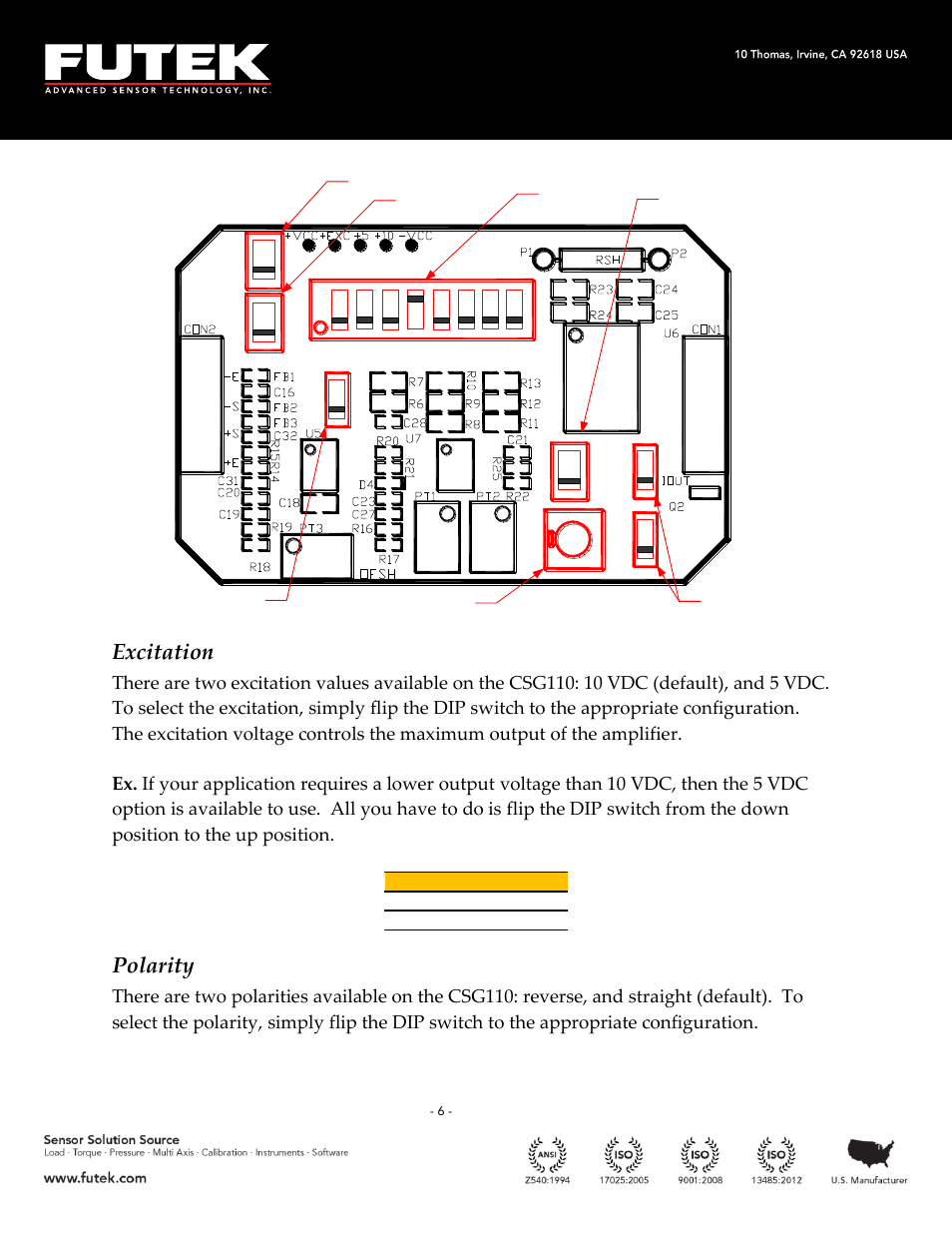 Excitation, Polarity | FUTEK CSG110 (JM-2A / JM-2AD)-Series User Manual | Page 6 / 11