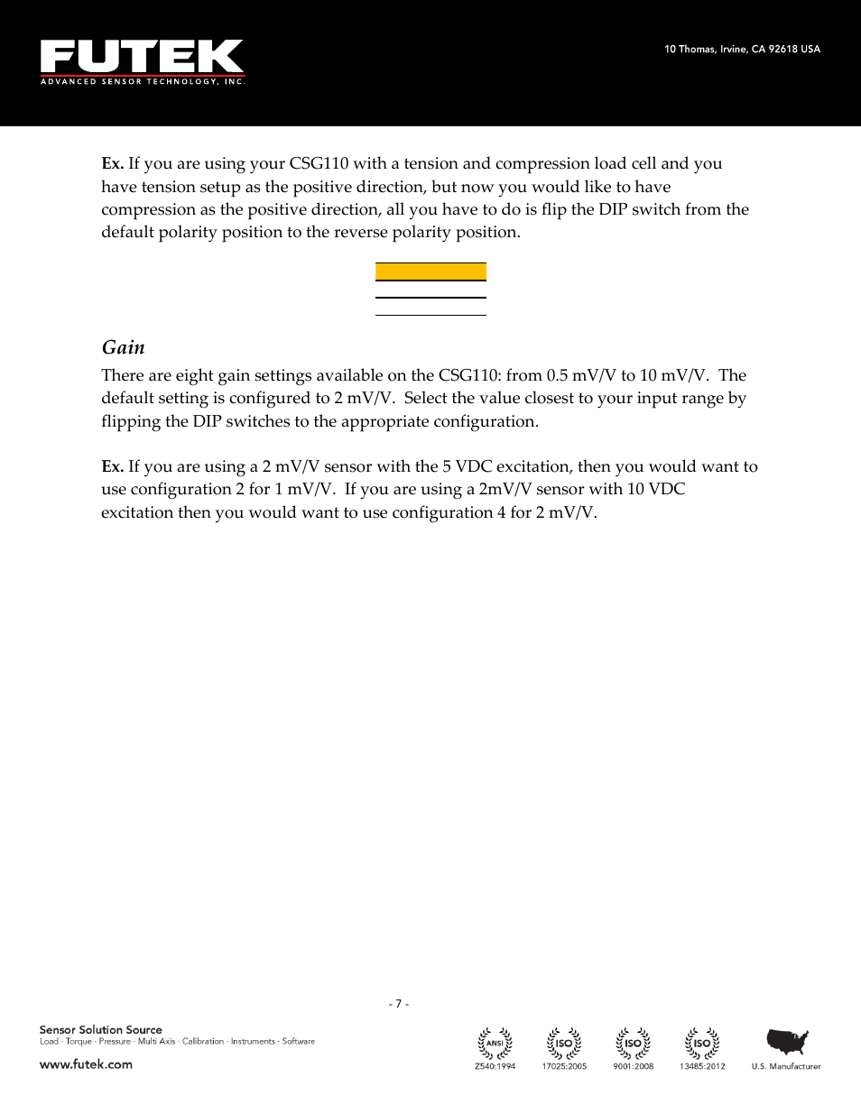 Gain | FUTEK CSG110 (JM-2A / JM-2AD)-Series User Manual | Page 7 / 11