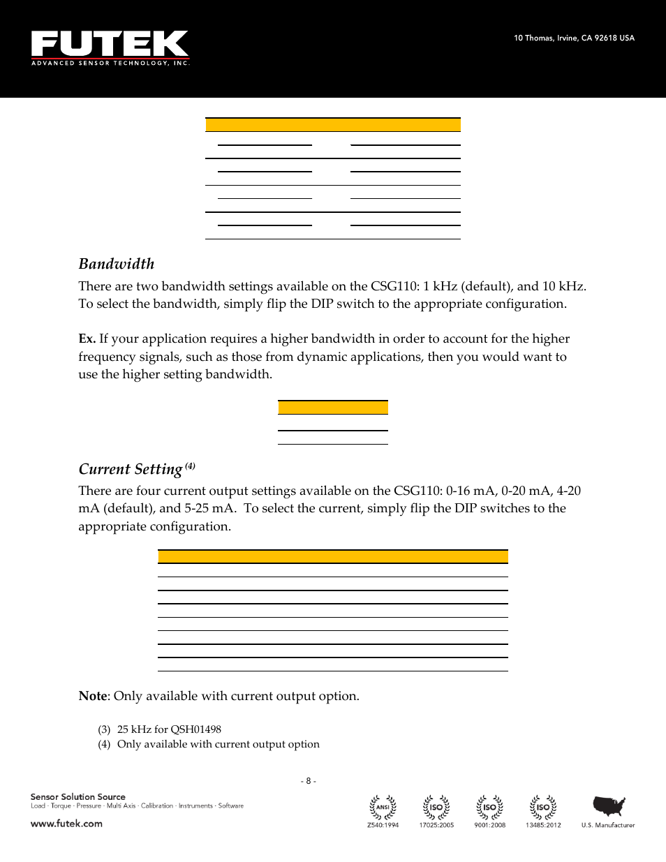 Bandwidth, Current setting | FUTEK CSG110 (JM-2A / JM-2AD)-Series User Manual | Page 8 / 11