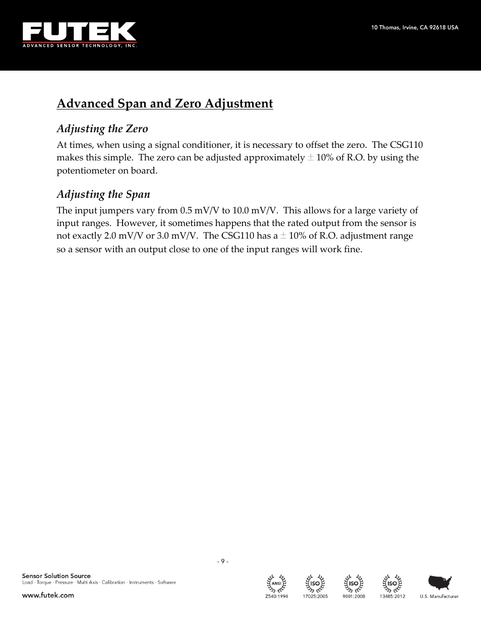 Advanced span and zero adjustment, Adjusting the zero, Adjusting the span | FUTEK CSG110 (JM-2A / JM-2AD)-Series User Manual | Page 9 / 11