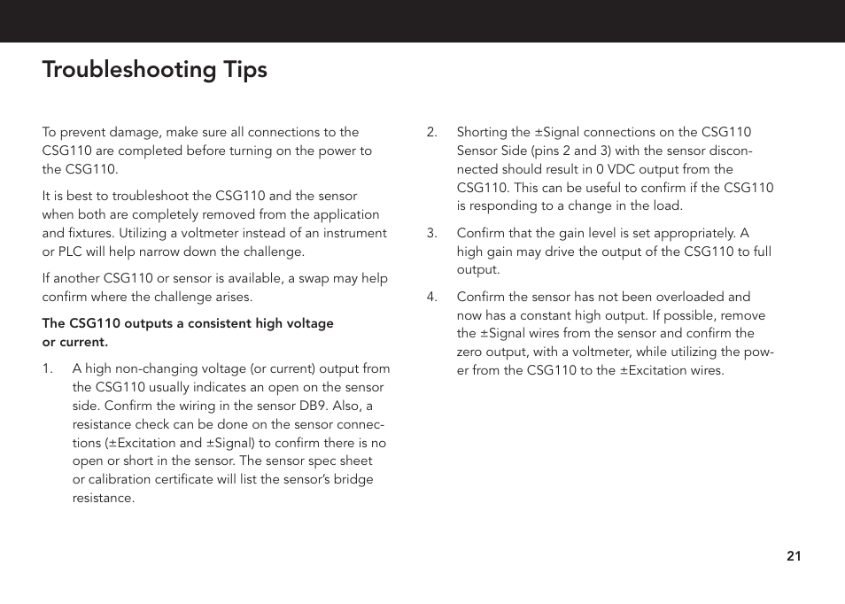 Troubleshooting tips | FUTEK CSG110 (JM-2A / JM-2AD)-Series User Manual | Page 21 / 24