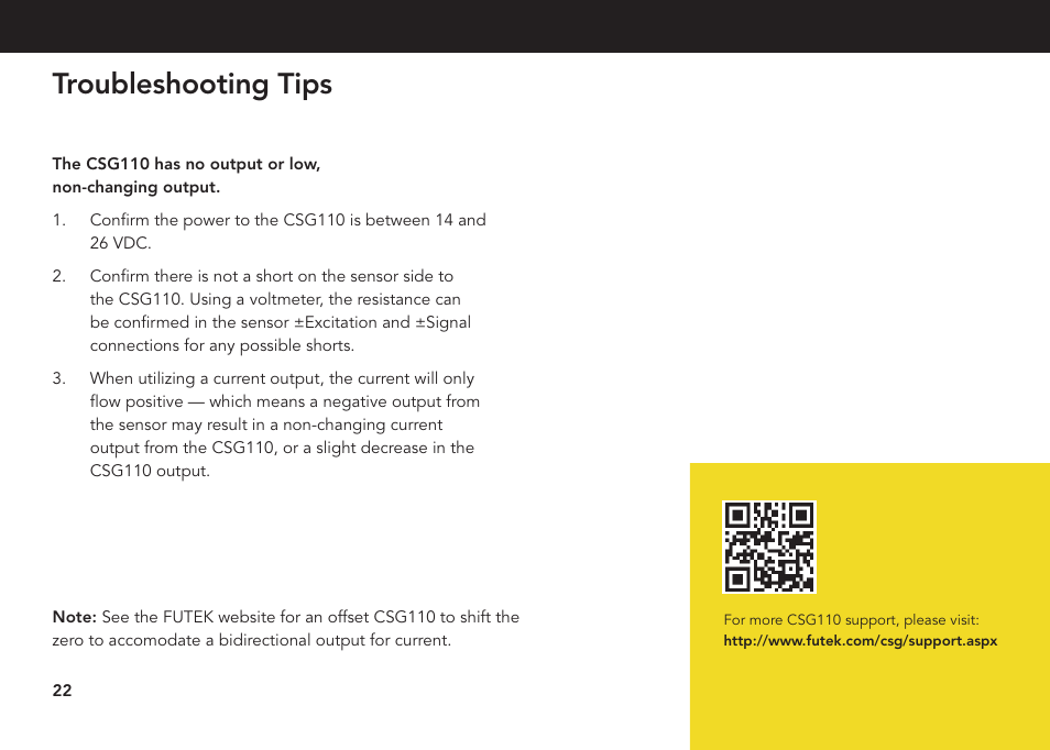 Troubleshooting tips | FUTEK CSG110 (JM-2A / JM-2AD)-Series User Manual | Page 22 / 24