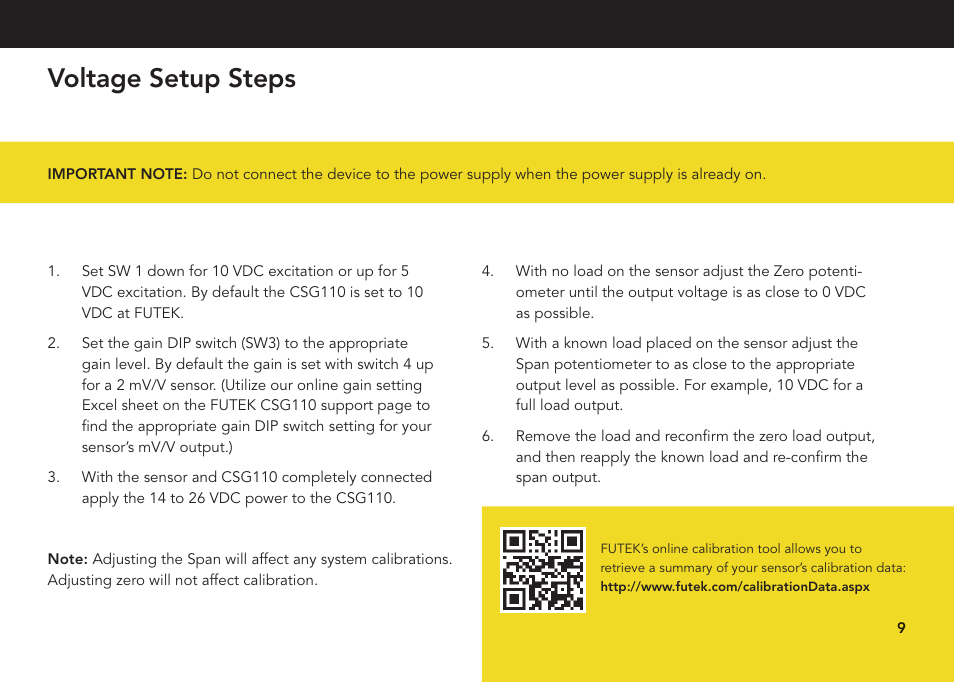 Voltage setup steps | FUTEK CSG110 (JM-2A / JM-2AD)-Series User Manual | Page 9 / 24