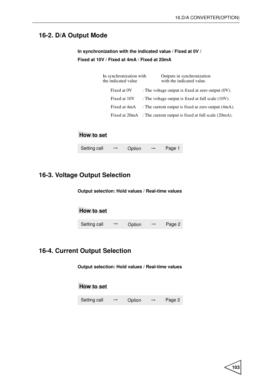 2. d/a output mode, 3. voltage output selection, 4. current output selection | D/a output mode, Voltage output selection, Current output selection, P103) | FUTEK IPM600 (D610) Digital Display User Manual | Page 114 / 136