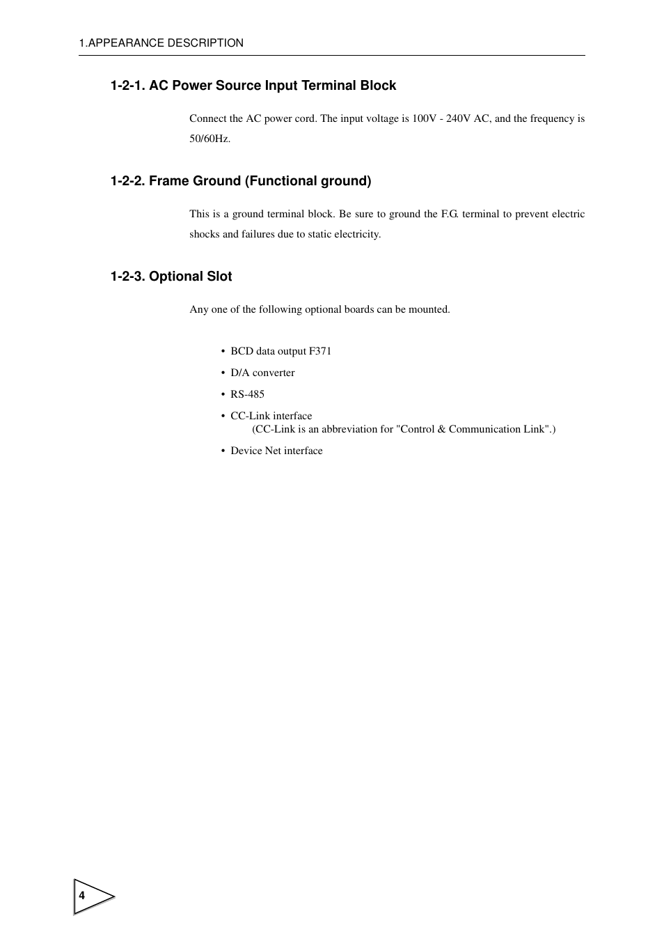 2-1. ac power source input terminal block, 2-2. frame ground (functional ground), 2-3. optional slot | Ac power source input terminal block, Frame ground (functional ground), Optional slot | FUTEK IPM600 (D610) Digital Display User Manual | Page 15 / 136